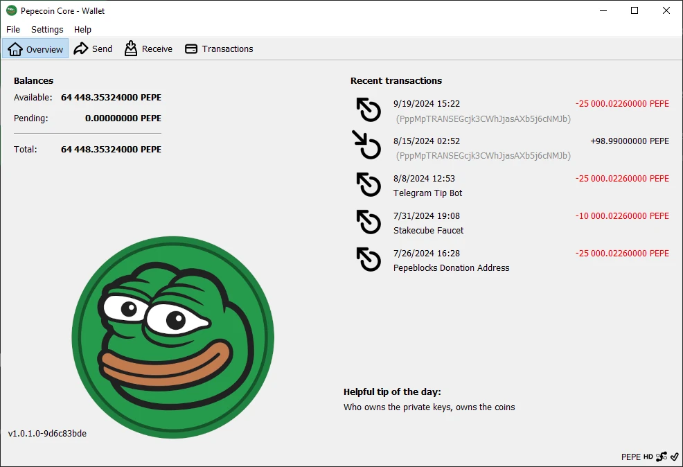 Pepecoin Wallet window on the Overview tab. The left side shows available, pending and total balances above the green frog logo. The right side lists recent transactions, with a tip of the day at the bottom: who owns the private keys, owns the coins.